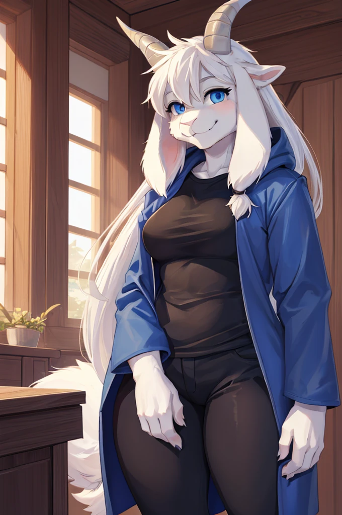 woman,  adult, alone, in a house, furry, goat, anthropomorphic goat, Asriel, Undertale ((Asriel Dreemurr)), large medium breasts, big ass, wide hips, perfect female body, tall, ((long, long hair white hair, straight hair )), blue eyes, anthropomorphic face, cartoon, smile, Eskimo coat ((blue coat, no drawing, Eskimo coat)), metacarpal paw, black blouse ((black shirt, black pants)) , goat tail, short horns, white horns ((droopy ears, big ears)), looking at the viewer, goat paw, anthropo paw, detailed, best quality, best detail, details and quality.