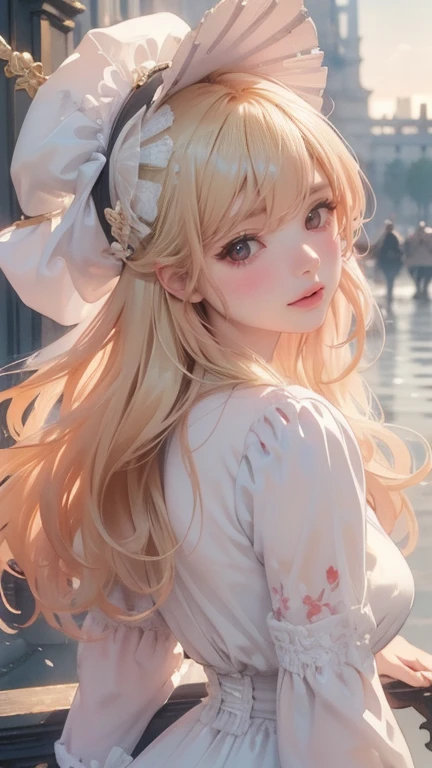 beauty, hidden face, 1 female, high quality, (【8k, desktop, The best, official art, beauty詳細, beauty的燈光, ((【8k, Best Quality, masterpiece: 1.2), Super detailed, Best Quality, Ultra-high resolution, silky blonde, professional lighting,, Paris , storm scene, Edwardian woman in white, watercolor  