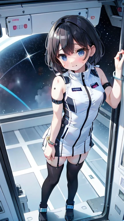 (Best Quality), (masterpiece), 1080P, High resolution, 4K, 8k, Inside the space station、Futuristic room、Thigh straps, Shooting from directly below, The woman on top of me, 白いsweat, Covered , sweat, Woman looking down, Skirt swimsuit, Thigh-high socks, To achieve this, , , whole body, Black leather shoes, Braided Hair, Inner Color, Embarrassed face, Short black hair, bracelet, bedroom,astrovest
