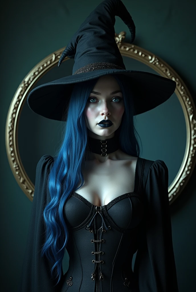 a beautiful vampire woman wearing a witch hat, detailed eyes, delicate skin, colorful hair, sparkling eyes, medieval gorgeous costume, masterpiece, (best quality, 4k, 8k, highres, masterpiece:1.2), ultra-detailed, (realistic, photorealistic, photo-realistic:1.37), HDR, UHD, studio lighting, ultra-fine painting, sharp focus, physically-based rendering, extreme detail description, professional, vivid colors, bokeh, portraits, horror, dramatic lighting