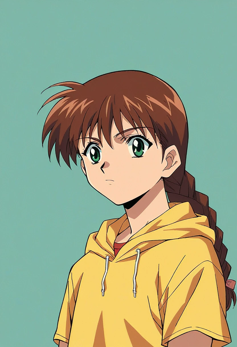 1girl, solo, MiyanoshitaSatsuki, yellow t shirt, blue jeans, brown hair long hair, braid, green eyes, hood,