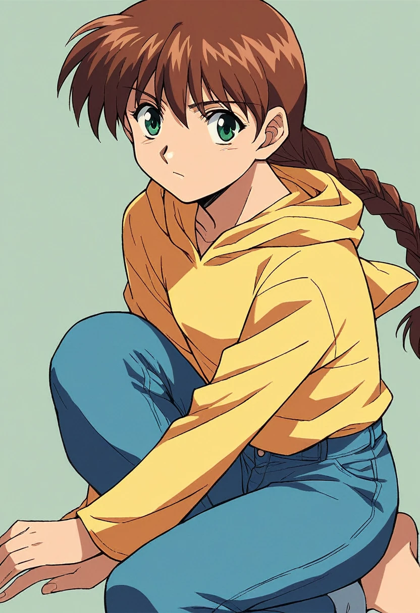 1girl, solo, MiyanoshitaSatsuki, yellow t shirt, blue jeans, brown hair long hair, braid, green eyes, hood,