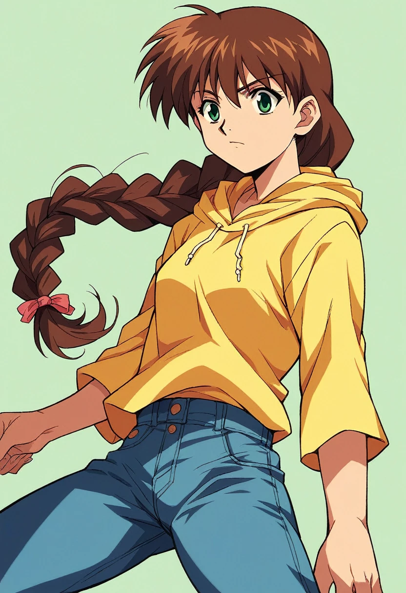 1girl, solo, MiyanoshitaSatsuki, yellow t shirt, blue jeans, brown hair long hair, braid, green eyes, hood,