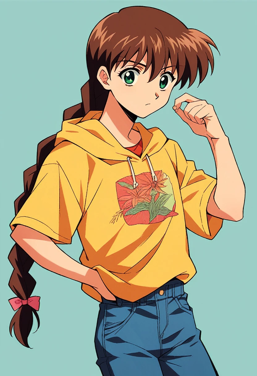 1girl, solo, MiyanoshitaSatsuki, yellow t shirt, blue jeans, brown hair long hair, braid, green eyes, hood,