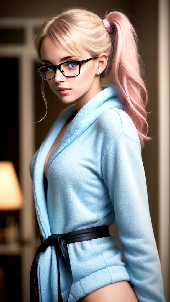 (high quality, best quality), (photorealistic:1.37),a woman in a pink suit and half bottom frame red glasses her hands on her hips, 1girl, neon genesis evangelion style, beautiful british sexy babe, ponytails, full pink suit, pink plugsuit, pink and blue outfit