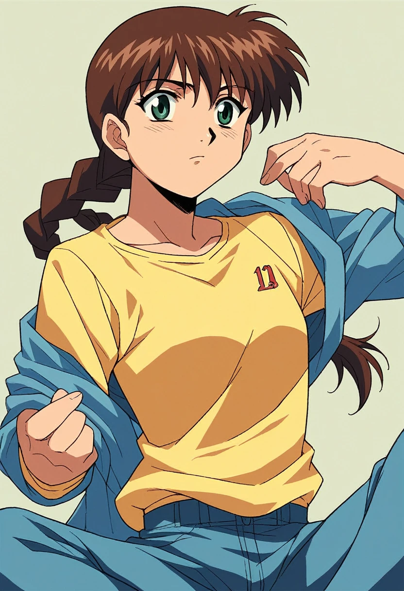 1girl, solo, MiyanoshitaSatsuki,  blue jeans, brown hair long hair, braid, green eyes, yellow squaerd necked t shirt,