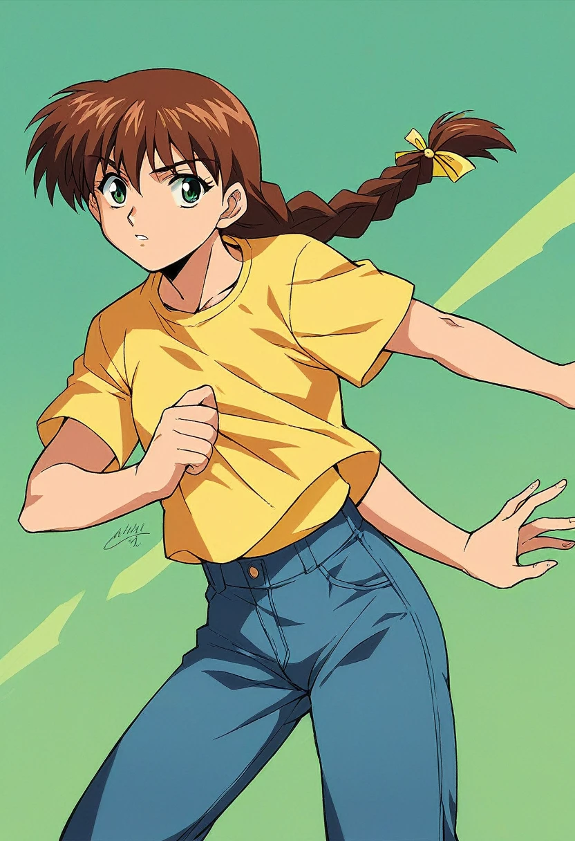 1girl, solo, MiyanoshitaSatsuki,  blue jeans, brown hair long hair, braid, green eyes, yellow squaerd necked t shirt,