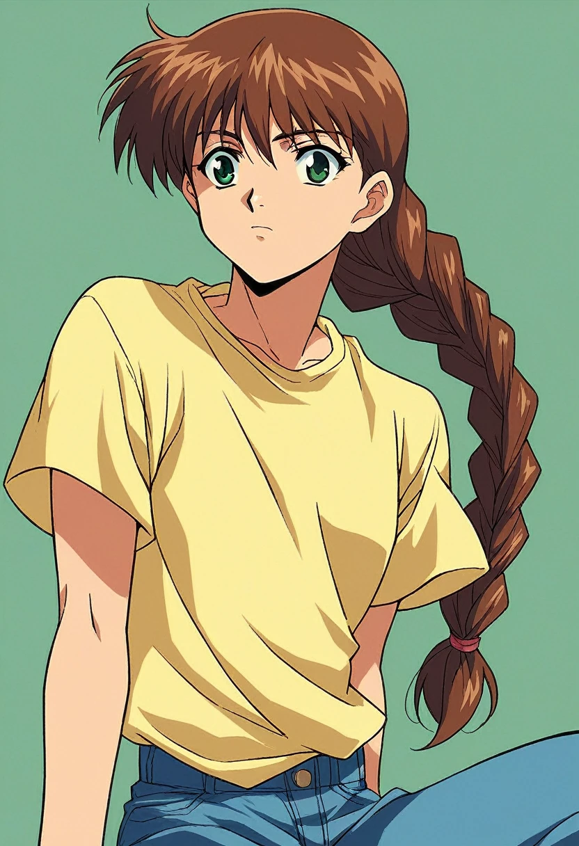 1girl, solo, MiyanoshitaSatsuki,  blue jeans, brown hair long hair, braid, green eyes, yellow squaerd necked t shirt,