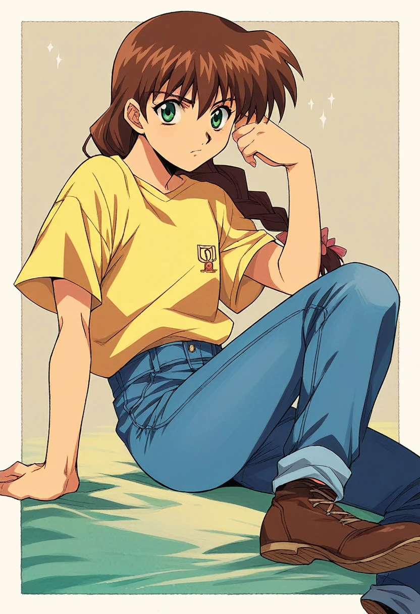 1girl, solo, MiyanoshitaSatsuki,  blue jeans, brown hair long hair, braid, green eyes, yellow squaerd necked t shirt,