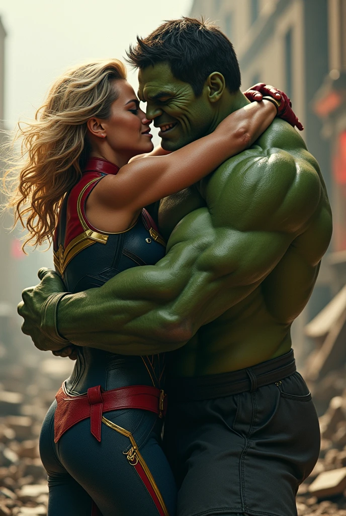 Hulk wearing the Mark LXXXV (Mark 85) and staring at Elizabeth Olsen’s eyes, cozy room , wooden table, and red marks on the wall, ultra realistic picture quality, 8k, realistic