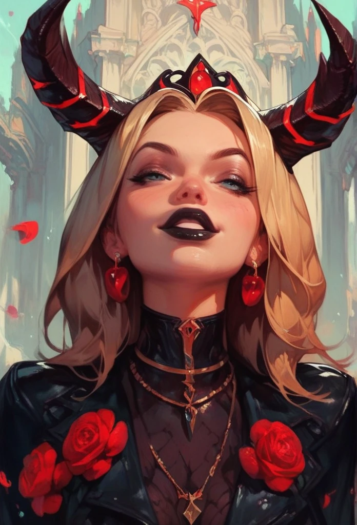 Supervillainess in a tight red and black costume. Her blonde hair touches her shoulders and her glossy black lips curl into a smile.  She begins destroying the city with dark magic powers.