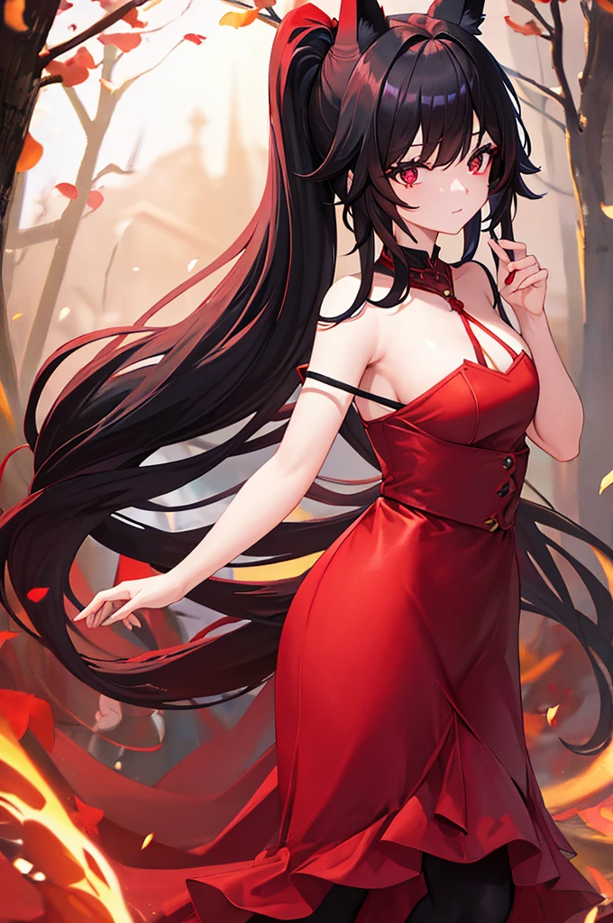 woman with red eyes (super detailed) (2 ponytails and two ends of the head) (long black hair) with fox ears. Wears an very beautiful red dress. (wears a black leggings). (fantasy red forest in background)