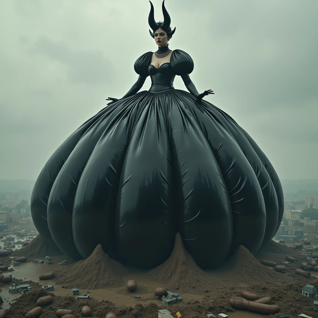 A sexy giantess princess named Langes wears an inflatable ball dress in black with horns. Under her giant ball dress is a tiny city, and she is so gigantic that she towers over the tiny city with her latex ball dress.