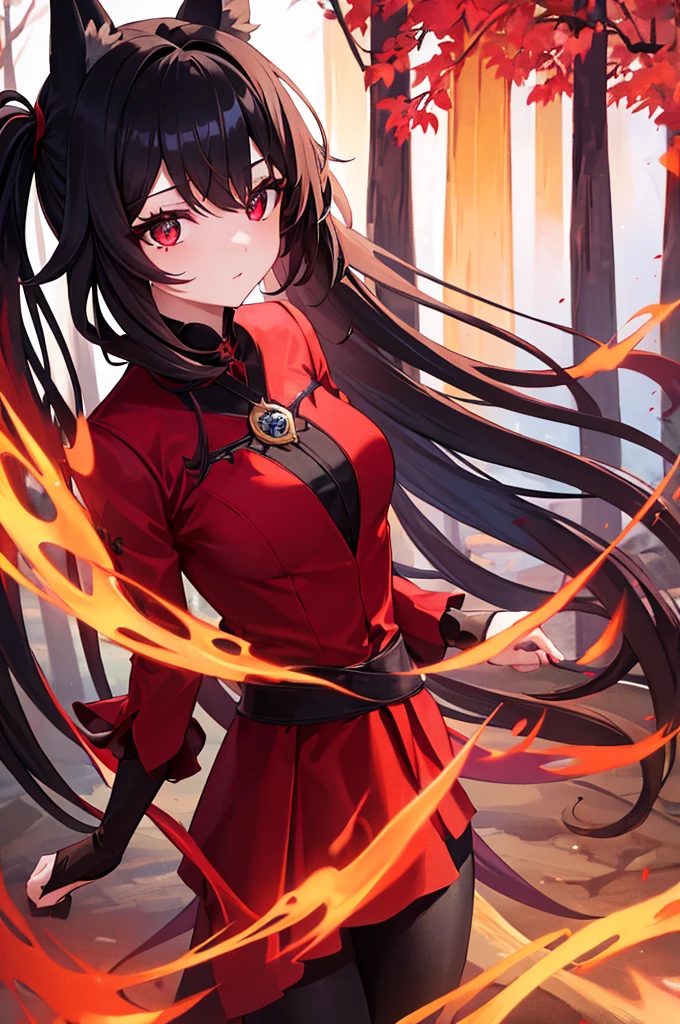 woman with red eyes (super detailed) (2 ponytails and two ends of the head) (long black hair) with fox ears. Wears an very beautiful red dress. (wears a black leggings). (fantasy red forest in background)