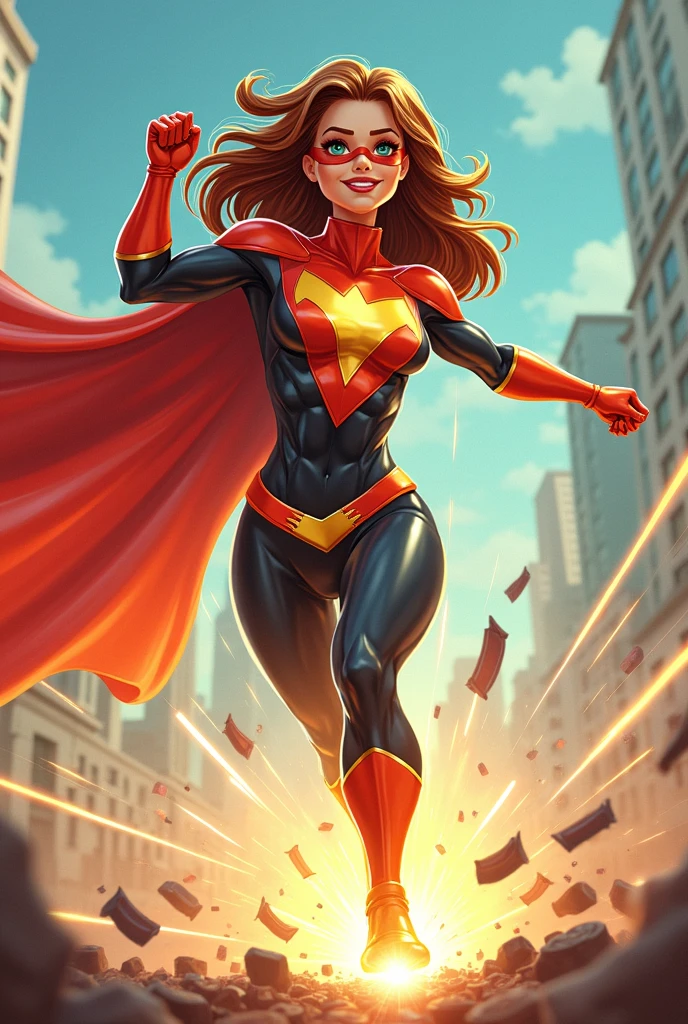 A poster for a superhero movie where there is a brunette superheroine with curly hair in a cartoon style.