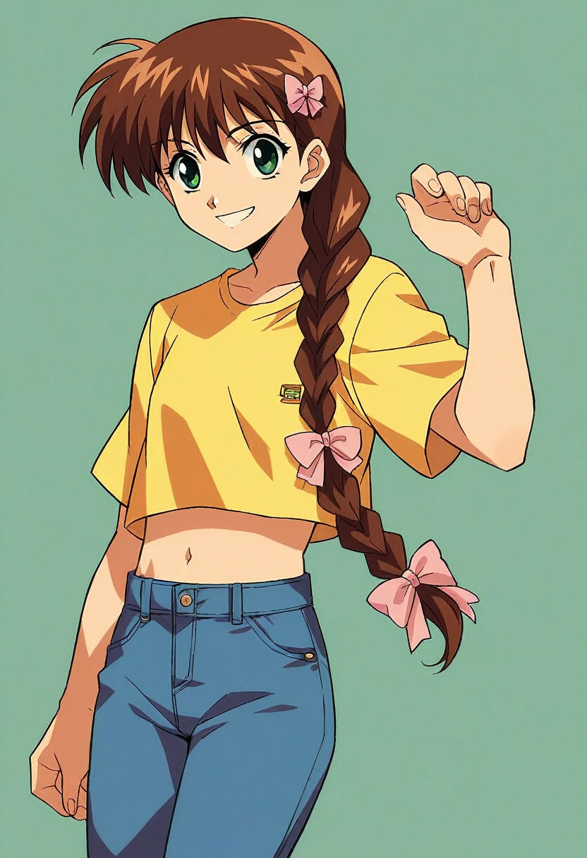 1girl, solo, MiyanoshitaSatsuki, blue jeans, brown hair long hair, braid, green eyes, hair bow
single braid, yellow squaerd neck t shirt, standing, smile, yellow baby tee midriff, Navel