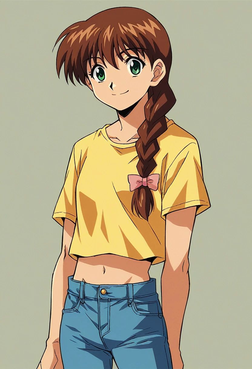 1girl, solo, MiyanoshitaSatsuki, blue jeans, brown hair long hair, braid, green eyes, hair bow
single braid, yellow squaerd neck t shirt, standing, smile, yellow baby tee midriff, Navel