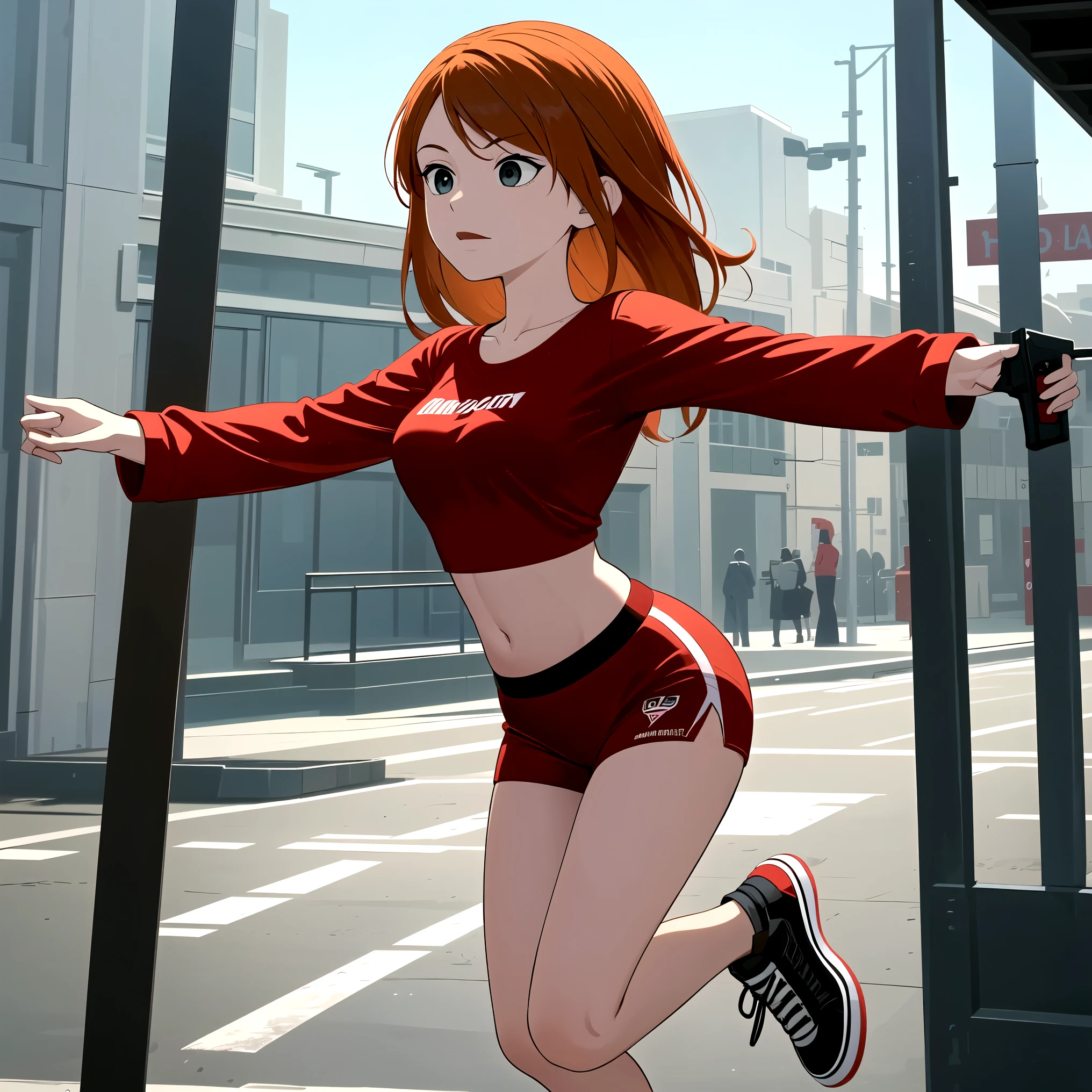 A Kimberly ann possible, holding 2 pistol,wearing short clothes with red and auburn details, she is taking a cinematic leap,she is wearing sneakers,whole body visible. 