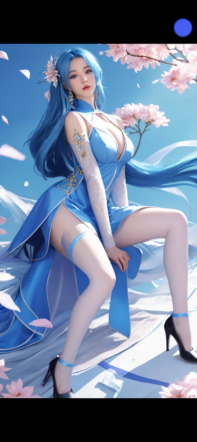 araffe dressed in a blue dress and white stockings sitting on a chair, anime girl cosplay, elegant glamourous cosplay, beautiful alluring anime woman, anime cosplay, palace , a girl in hanfu, trending on cgstation, glamourous cosplay, full body xianxia, anime goddess, 🌺 cgsociety, a beautiful fantasy empress, ornate cosplay