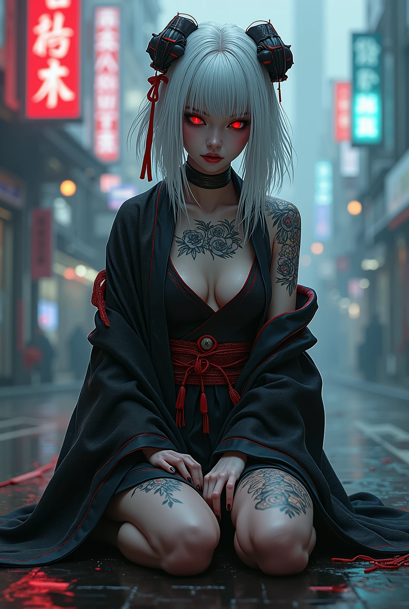 "MITOYA"It's written there,dark skin,abs:1.5,Japanese girl、Photorealistic、movie lighting,sign"MITOYA",kimono、kimono、Oiran、Gray Hair、Bare your chest、An outfit that reveals the navel、Abdominal muscles、Leg spread、