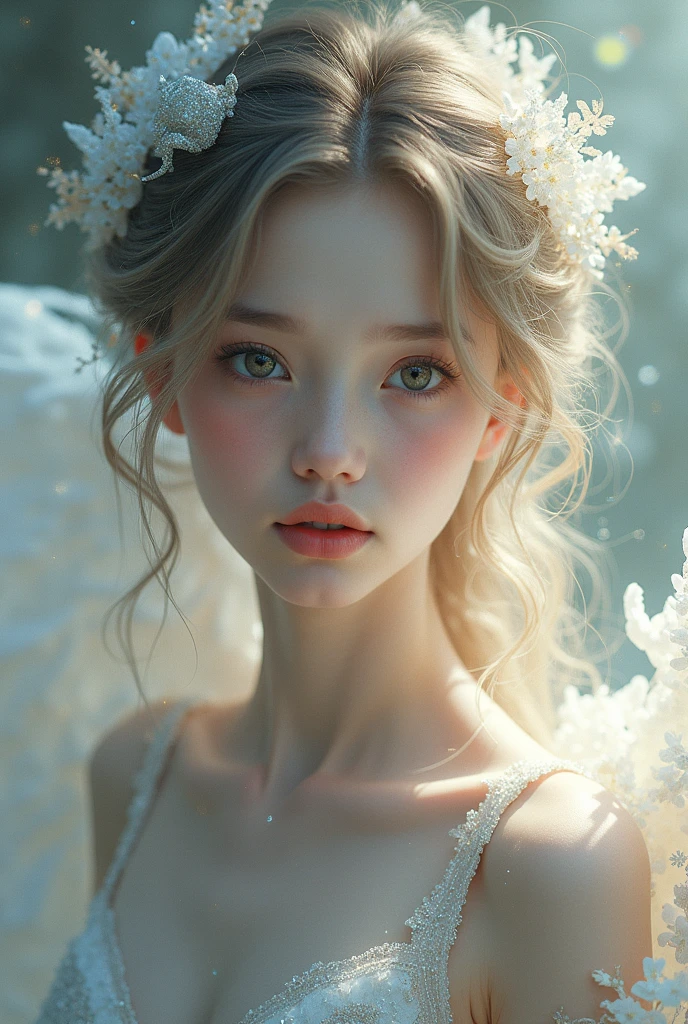 Blue-eyed girl with pale skin and golden hair and an angelic look
