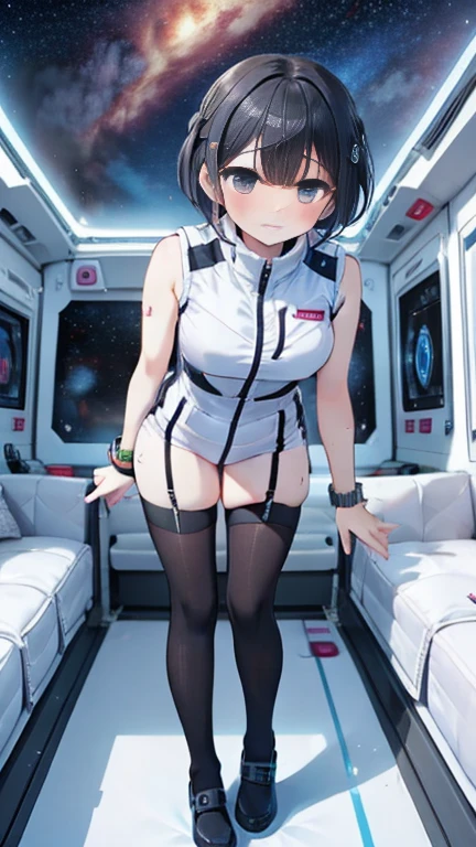(Highest quality), (masterpiece), 1080P, High resolution, 4K, 8k, Inside the space station、Futuristic room、Thigh straps, Shooting from directly below, The woman on top of me, Nipples, 白いSweat, Covered , Sweat, Woman looking down, Skirt swimsuit, Thigh-high socks, To achieve this, 16 years old, , whole body, Black leather shoes, Braided hair, Inner Color, Embarrassed face, Short black hair, bracelet, Bedroom,celestial body_Vest