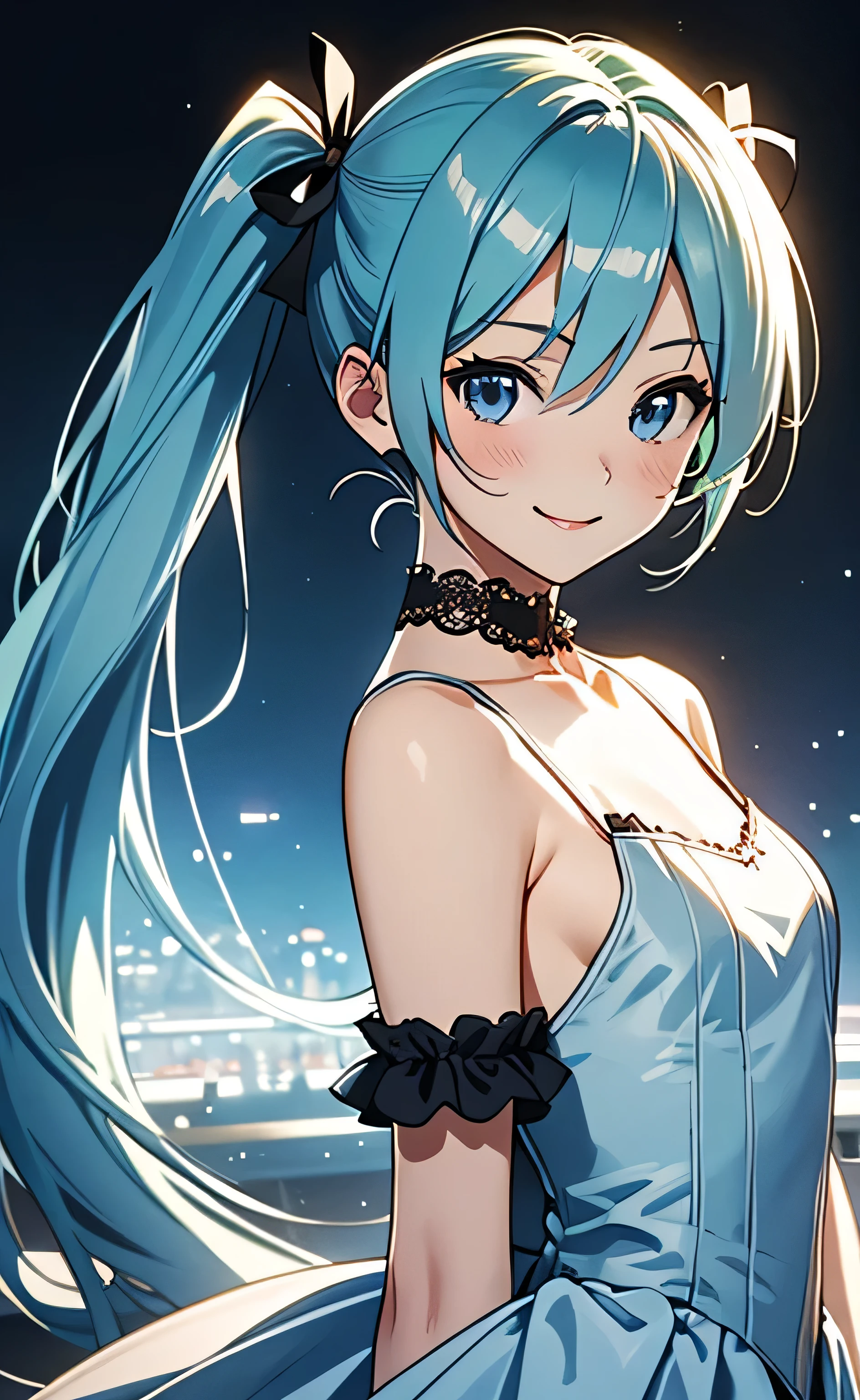 (masterpiece:1.4、top-quality、illustration:1.4,realistic、)、(character focus、breast focus,upper body:1.3)、(1girl),(seductive smile:1.3),(miku hatume),cute face,blue eyes、(looking back)、
,(stand:1.4),(Shining smile),
,(slender),(gothic ta:1.3),
(fluorescence light green long hair:1.6,,),(twintails), (small breasts:1.3)、
、slender、hatsune_miku_bluearchive