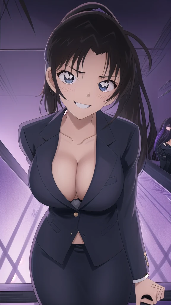  Erotic、Long ponytail volume、Big Breasts, Alone,teacher、 An open navy blue blazer、Black pencil skirt, Purple evil background、 Best Quality, Detailed face, Detailed eyes, High resolution,、Evil female executive、Wicked Smile、Cleavage、Sexy pose、Fallen into evil、Fall into Darkness、Dark Side、excited、lure