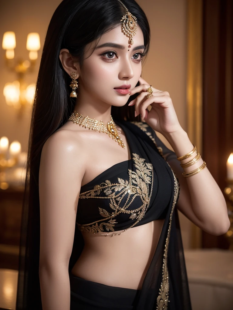 An enchanting Indian woman, at the age of 25, gracefully dons a black saree that hugs her slender frame. The exquisite fabric drapes elegantly around her, revealing her timeless beauty. In her hand, she cradles a rosy red flower, its petals unfurling in soft, delicate curves. Her dark, expressive eyes sparkle with an inner radiance, reflecting her captivating allure. The dimly lit room bathes her in a warm, ethereal glow, emphasizing her demure charm and poised elegance.