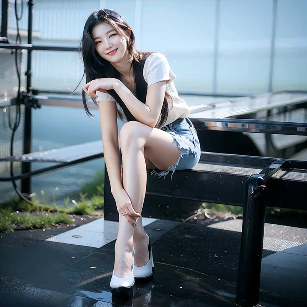 best quality, quality, masterpiece, photorealistic, 1girl，solo, White short sleeve，long blue jeans pants, long black hair,looking at viewer, smile, full body, white simple background