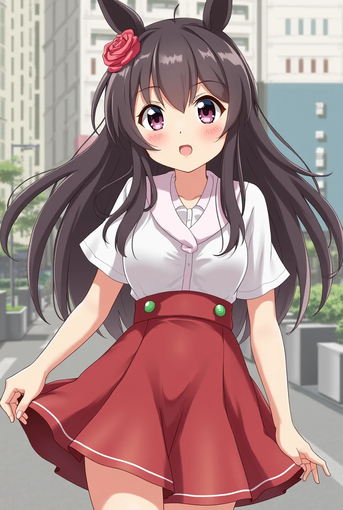 ((1 girl)),(( alone)), chizuru mizuhara, (masterpiece, best quality), ultra detailed, sharp focus, detailed background, detailed eyes, dynamic pose, cowboy shot, curvy body, perfect fingers, looking at viewer, brown hair, long hair , bangs, one side up, braid, brown eyes, ((pink shirt, short sleeves, red bow tie, white skirt, red bow, short puffed sleeves, bare arms, pleated skirt, red ribbon collar, collarbone, bare legs) ), big breasts, narrow waist, wide hips, medium thighs, round butt,((solo)),((standing,outdoor,park,cherry trees,urban background, buildings, flowers, pink shoes, adjust the hair, wind, hair in the wind)), looking back, from behind, ((focus on ass)), pov: (from below), perfect anatomy, perfect hands