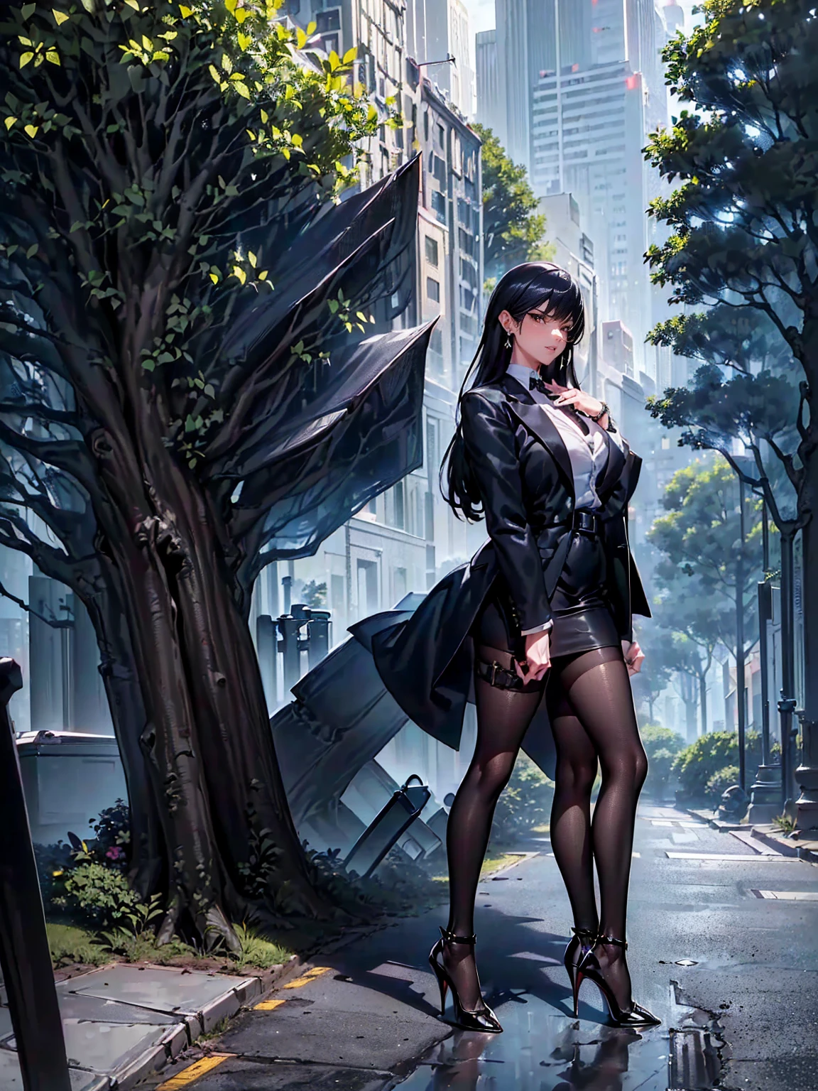 (( black blazer, black suit, white shirt, gray skirt, black tights, lace tights, high heels, stiletto heels, pointy heels, bracelets, park, square, corner of square, trees, bushes, trees, flowers, embroidery, city, skyscraper, belt with buckle), fine jewelry, earrings, smug))