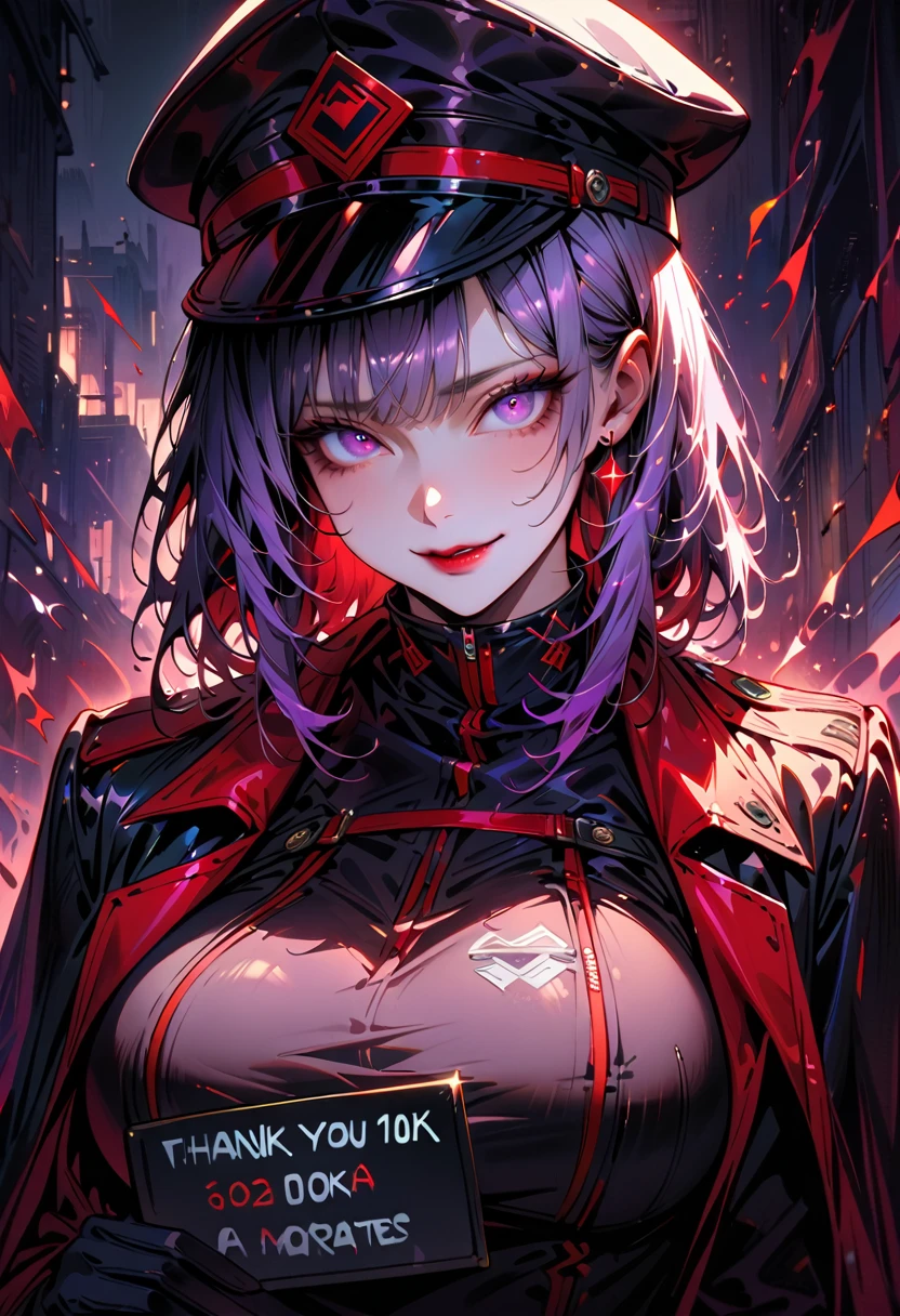scene:0.9, (masterpiece), highest quality, (((super detailed, 8K quality))), looking at the viewer,,hair above one eye, red eyes, clear eyes, choker, neon shirt, purple pirate costume,Captain's Hat、Cloak in military uniform,sea tribe, shineing grafiti, shineing tattoos, shine, neon light, Black light,anime style, movieポートレート写真, 1 female, Full body Esbian,blue eye background, naval battle、big and full breasts, anger, (scarlet hair), long hair, purple eyes, wearing a short black dress, (natural skin texture vivid details, surreal, (realistic detailed eyes, natural skin texture, realistic facial details), soft and dramatic lighting, Depth of written boundary, Bokeh, vivid details, surreal, 35mm movie, hazy blur, movie,lipstick, ear piercing, eye shadow, hoop earrings, red pink lips, 多色のred eyes, purple theme,Wear an iridescent aura,beautiful eyes,,bold pose、decide on a pose,upper ponytail,hanging bangs