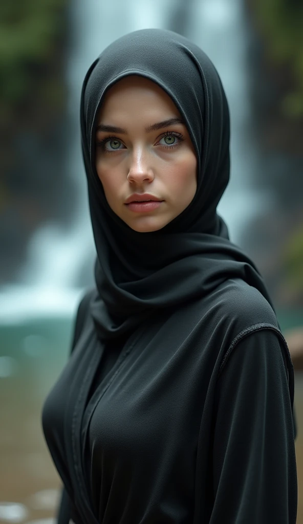Cinematic portrait, upper body, face, facing the audience, (reality: 1.3), one of the most beautiful works of art in the world, woman looking at the camera, wearing a hijab, (modern Islamic clothing and weather factors: 1.4), beautiful detailed face, ,