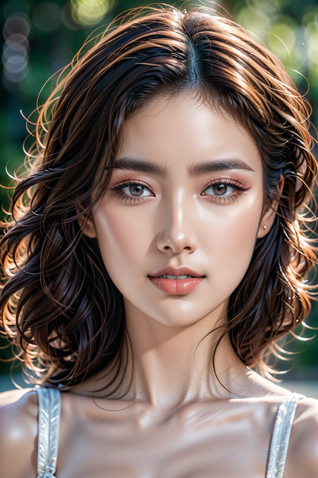 Realistic (photorealistic Realism 16K Quality), (high resolution), ((intricately detailed digital art)), (ultra realistic texture details: velvety skin, hair), ((ultra quality)), professional photography, (glamour shot of Japanese woman:1.3), (absurd quality,16k,masterpiece:1.2), ultra details,UHD, Thin eyebrows, Carefully draw eyelashes, Eyelash extensions, Gal Makeup, realistic dull skin noise, visible skin detail, skin fuzz, dry skin, (blush:0.5), (Goosebumps:0.3), Voluminous updo, (vivid and colorfu)l, The attention to detail, satisfaction smile, best high quality soft lighting, sharp focus captured by Fujifilm XT3, f 5.6, in a dramatic lighting, (perfect composition), (outside,an park full flowers),(random u%u top:1.35), exquisite balance of shadows,perfect composition, ((full body shot:1.33)), look at the viewer, 