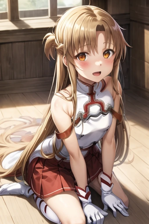 ((Best Quality)), ((masterpiece)), (be familiar with), Perfect Face, indoor, bedroom, Watching the audience,
One woman, Yuuki Asuna,
Open Mouth, Ecstatic expression, blush, smile,
Small breasts, Flat Chest, , , child, Girl,
Long Hair, Long Hair,
Leg spread,