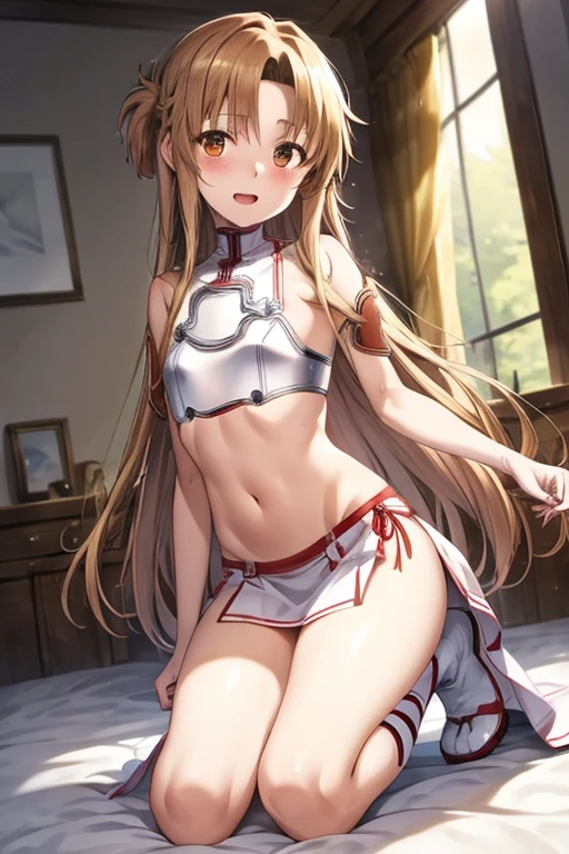 ((Best Quality)), ((masterpiece)), (be familiar with), Perfect Face, indoor, bedroom, Watching the audience,
One woman, Yuuki Asuna,
Open Mouth, Ecstatic expression, blush, smile,
Small breasts, Flat Chest, , , child, Girl,
Long Hair, Long Hair,
Leg spread,