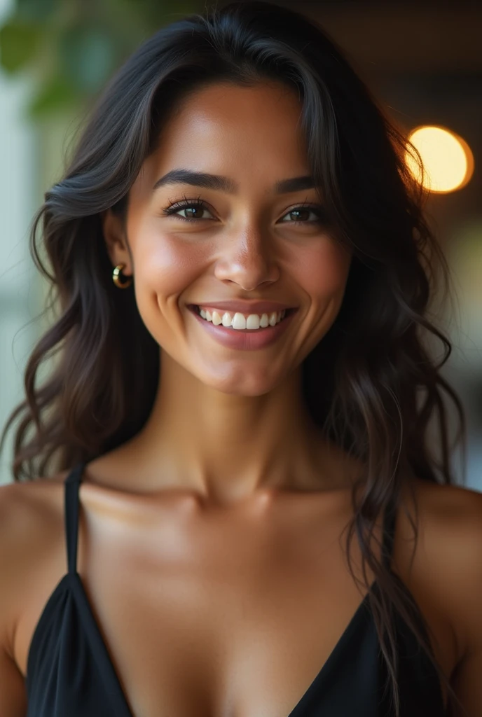 A beautiful smiling woman, visage fin, straight and thin nose, Thin lips, yeux noirs, straight black hair, modern haircut, pose dynamique, photo portrait de face