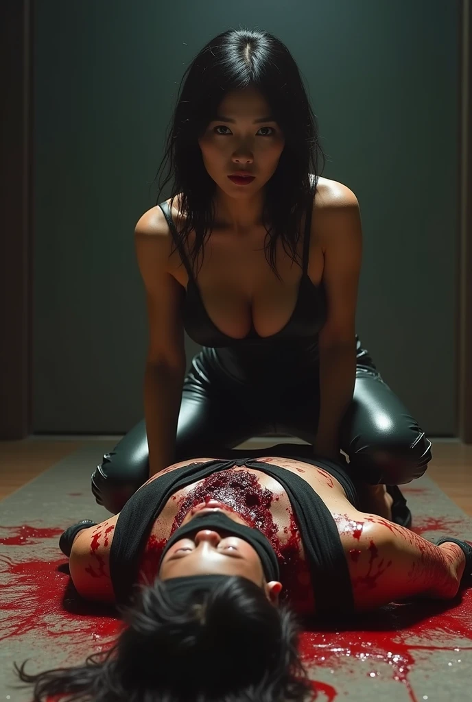 korean naked girl, (behind corpse, surgical mask), multiple girls, holding knife, stabbing, leather gloves, room full of blood, trucker hat, holding knife, leather gloves, behind corpse, blood splatter, short hair, night, mass murderer, robbery, in the house, dark atmosphere, cinematic lighting, atmospheric realistic,