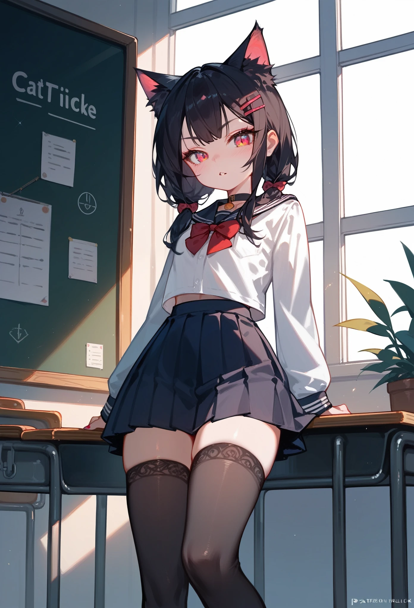 ((Masterpiece: 1.3)), ((Absolute Resolution: 1.2)), ((Highest Quality: 1.4))), ultra-detailed, super-detailed face, complex and detailed eyes, one girl, slick nasal bridge, detailed mouth, meticulous and cute smiling expression, realistic bumps on human body, silky smooth hair texture, (excited face and humiliated, (( realistic skin)), ((stylish and cute designed school uniform: 1.6, black stockings denier 20:1.4)), ribbons, hat, ruffles, lace, girl with one-length bob-cut braids, adornments of cute design appropriate for her age, (sitting pose with legs spread left and right and hips floating: 1.3), Innocent hand motions, (white skin:1.3), softly swaying breasts filled with large amounts of fat, cinematic lighting, perfect shading, (((cute nursery))), shaded realistic lighting, Reflecting the whole body