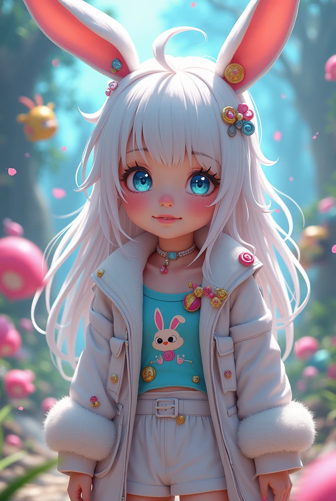 Create a 3D digital illustration of a beautiful and charming fluffy white bear girl with unique and eye-catching features. The cute girl has sparkling pink eyes and long, flowing hair. She has a warm and inviting smile, adding to her charm. The girl is dressed in a casual and comfortable pastel blue and pink outfit, creating a playful and stylish look. The outfit is adorned with cute bear designs, enhancing the whimsical vibe of the scene. The girl is in a perfect position, standing with confidence amidst a variety of colorful and lively attractions in the park. The background is filled with beautiful trees and flower-filled areas, adding to the magical and serene atmosphere of the scene. The illustration should be highly detailed, showcasing the unique and enchanting beauty of the cute fluffy white bear girl.