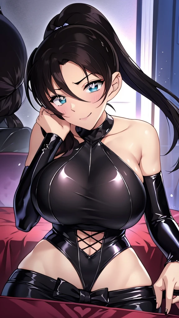 Erotic　ponytail　Black latex gothic top off-the-shoulder heart bedroom love hotel lamp light dark theme evil fall temptation excitement condescending evil grinning face yandere trance sexy pose upper body emphasis upturned eyes