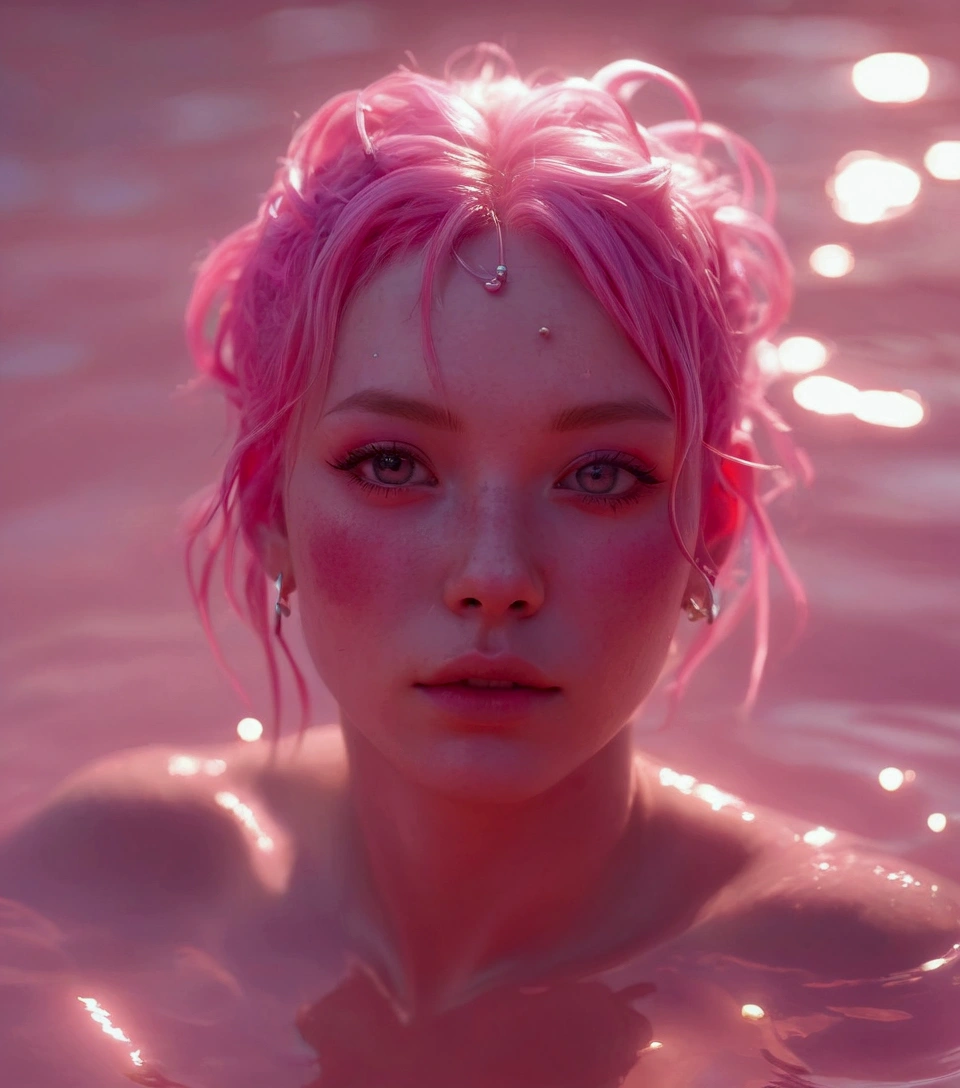 photorealestic, cute diffuse woman water spirit creature, dressless, (((solid water background))), ultra sharp focus, Detailed Face, (((water))), water splash, (((Posing))), (((Dynamic motion))), dark pink hair color, Short hair, pink eyes, Sexy, full - body, high image processing, High image quality, High Resolution
