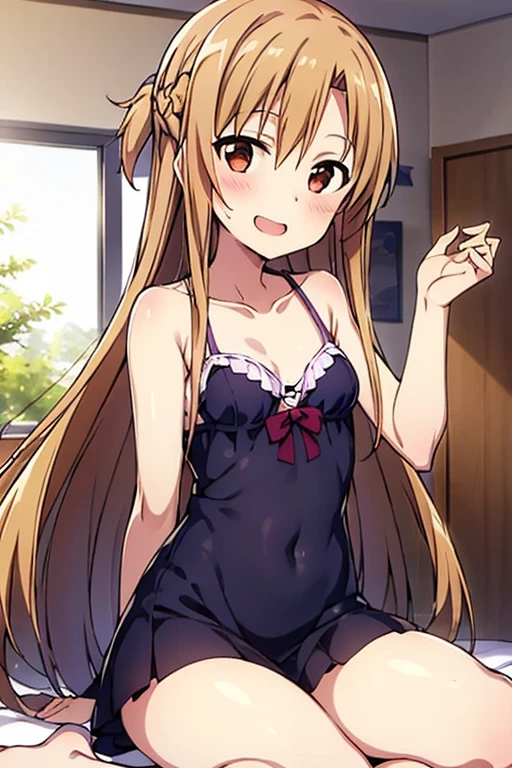 ((Best Quality)), ((masterpiece)), (be familiar with), Perfect Face, indoor, bedroom, Watching the audience,
One woman, Yuuki Asuna,
Open Mouth, Ecstatic expression, blush, smile,
Small breasts, Flat Chest, , , child, Girl,
Long Hair, Long Hair,
Leg spread,