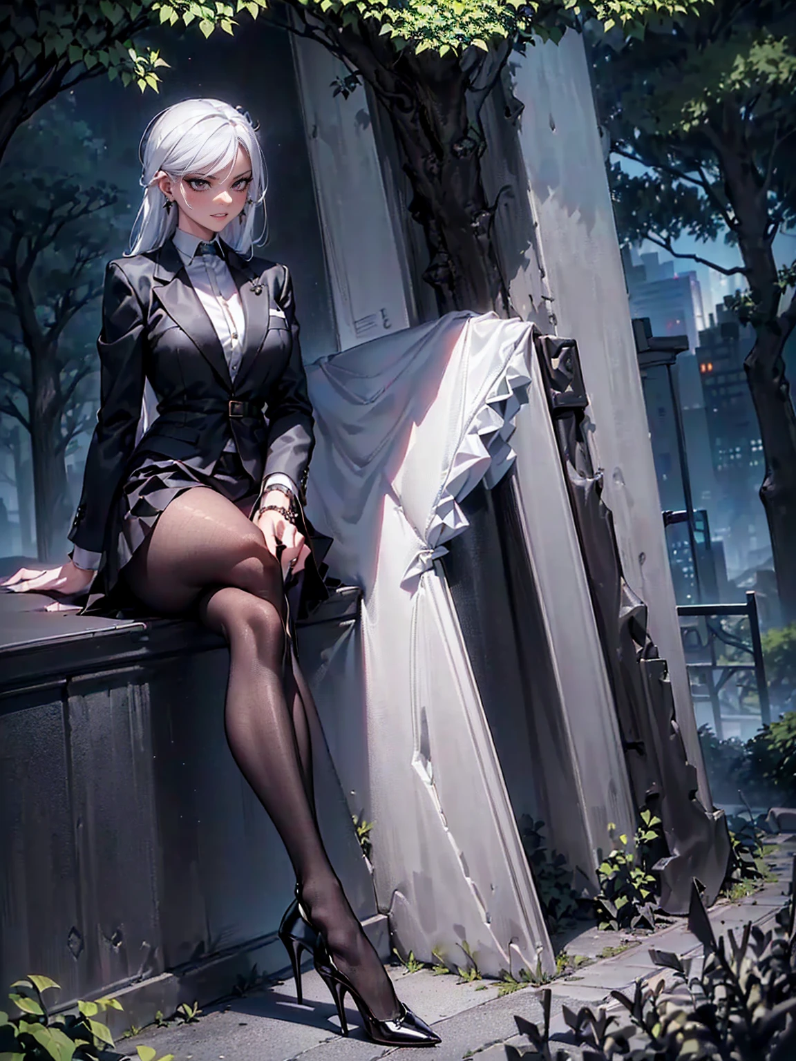 (( black blazer, black suit, white shirt, gray skirt, black tights, lace tights, high heels, stiletto heels, pointy heels, bracelets, park, square, corner of square, trees, bushes, trees, flowers, embroidery, city, skyscraper, belt with buckle, (legs crossed), fine jewelry, earrings, smug))