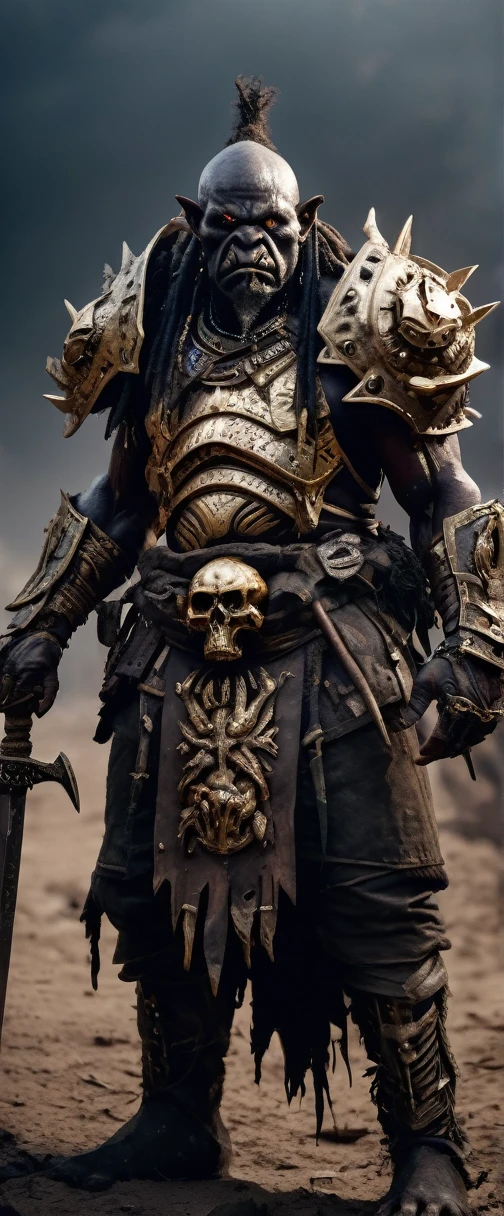 Post-Apocalyptic , best quality, masterpiece, very aesthetic, perfect composition, intricate details, ultra-detailed, niger orc, magic bolls, gold signs on armor, Hand drawn, large depth of field, Dark atmosphere, sword in hand, destroyed camp