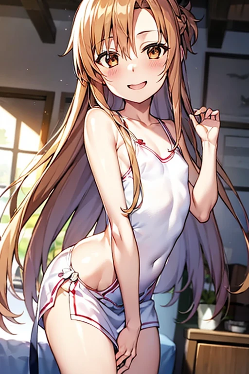 ((Best Quality)), ((masterpiece)), (be familiar with), Perfect Face, indoor, bedroom, Watching the audience,
One woman, Yuuki Asuna,
Open Mouth, Ecstatic expression, blush, smile,
Small breasts, Flat Chest, , , child, Girl,
Long Hair, Long Hair,
Leg spread,