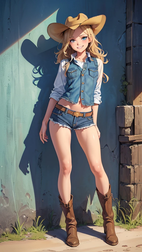 (((Cowgirl Costume))),(((Wear low-waisted denim shorts and short western boots))),(((Wear a western hat))),(((wear a leather belt))),(((Wearing short sleeves, Plaid, front tie shirt))),(((Wear a watch on your wrist))),(((Showing cleavage))),(((Bare inner thighs))),(((Bare arms))),(((Navel exposed))),(((Her hair is blonde))),Beautiful detailed girl, Very detailed目と顔, 緻密でBeautiful Eyes, Very detailedな, High resolution, Highest quality, masterpiece, Very detailed, 8k wallpaper, wonderful, finely, Highest quality,One girl,(((Basement at night:1.5))),(((Standing in front of a wooden wall:1.5))),Beautiful Eyes,((Drunk face)),Open your mouth