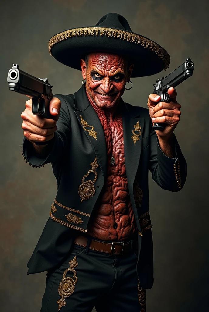A man wearing a western hat and an exotic mask and dark green clothes