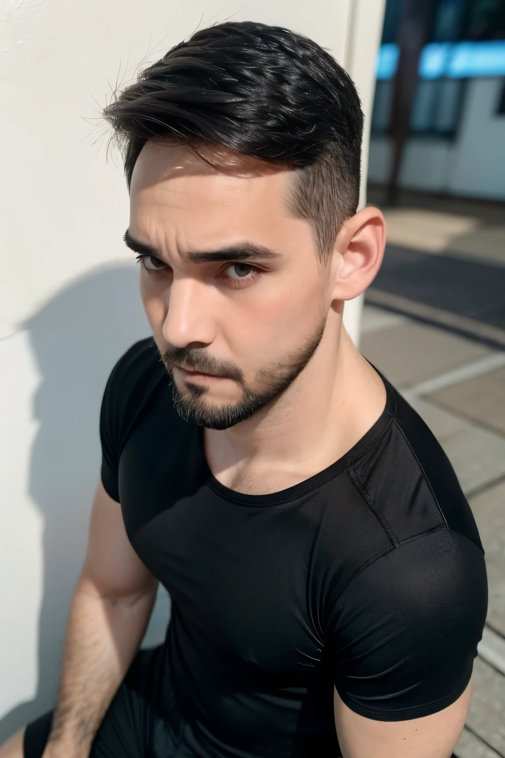 1man muscular male wear a fitted black t-shirt, tennis and shorts, 30 years old，small beard, Sexy and charming expression，gloomy eyes, soft natural lighting, professional, formal atmosphere, front view, sharp focus, well-balanced exposure. front portrait, (((Wtruffa face))).